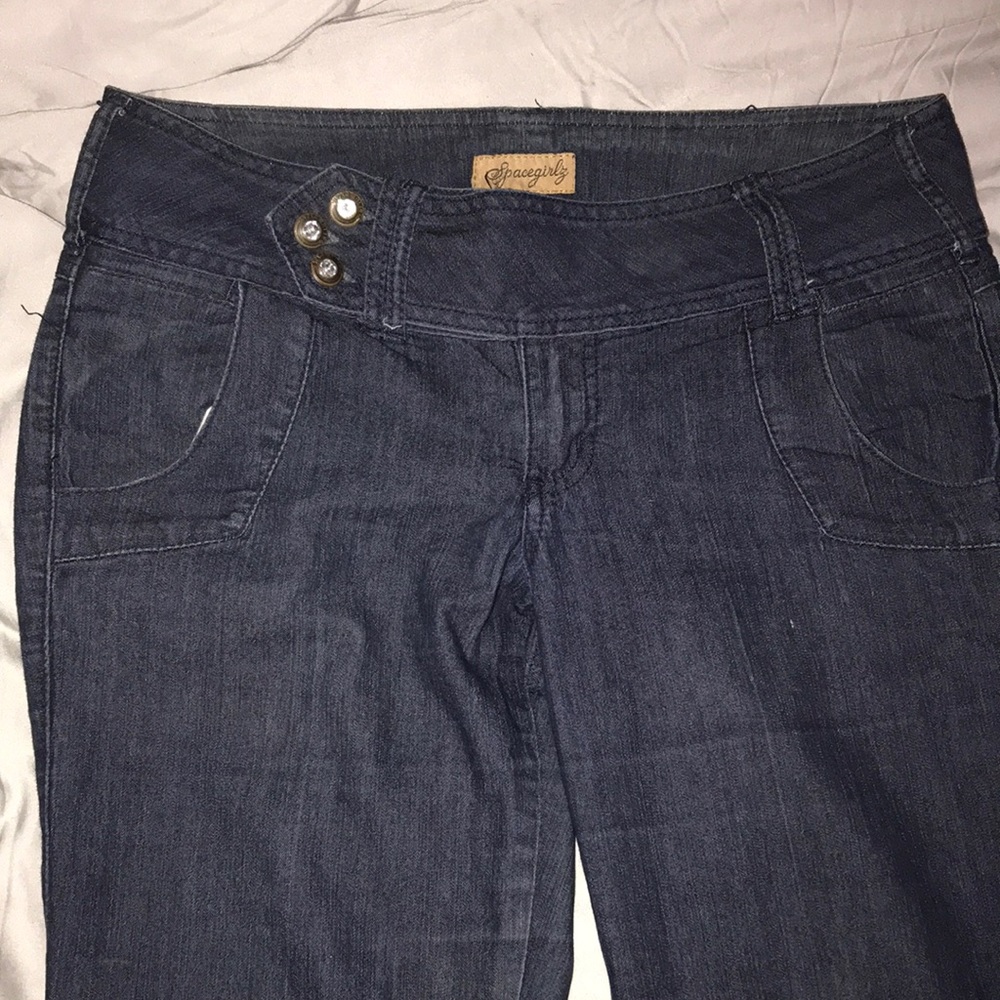 Vintage 90s low rise dark denim flare jeans. Tab front with jewel buttons EUC